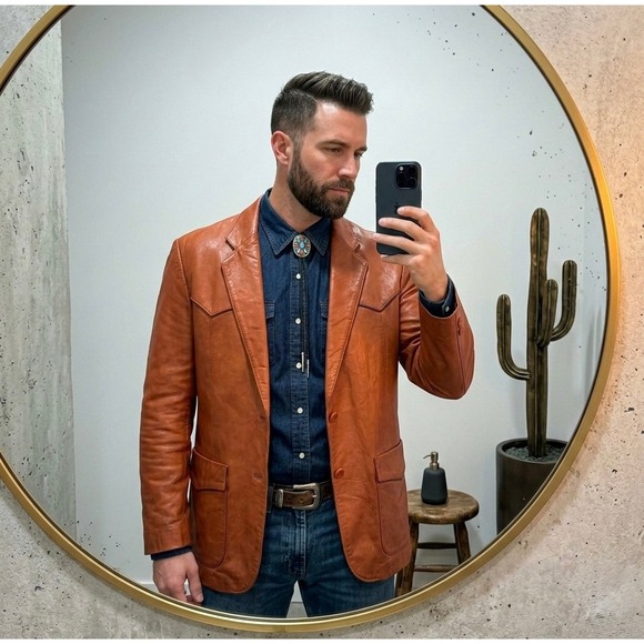 Wilsons Suede & Leather Mens Western Blazer Jacket Cognac Brown Size 42 Cowboy